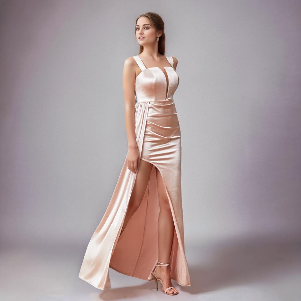 Champagne V-Neck High-Waist Slit Evening Gown