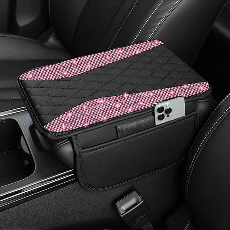 NBTEPEM Bling Car Center Console Cover, Leather Middle Console Cover With 2 Storage Bags, Universal Arm Rest Cover Protector, Bling Car Accessories