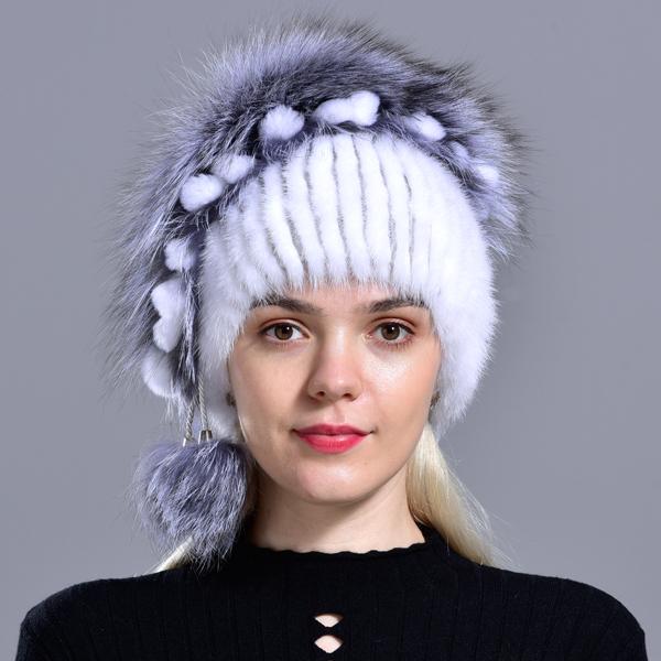Winter Hat Mink Women Knitted Fox Fur Pompom Warm Cap Floral Fashionable Fluffy Elegant Female Genuine Natural Fur Hats Caps