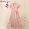 ZANZEA Women Casual V-Neck Summer Short Sleeve Pleated Dres