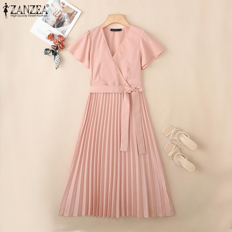 ZANZEA Women Casual V-Neck Summer Short Sleeve Pleated Dres