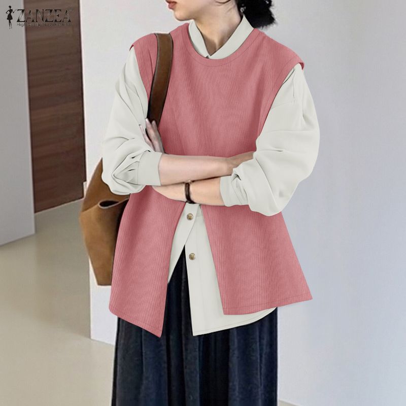 ZANZEA Women Casual Turn Down Collar Patchwork Loose Long Sleeve Blouse