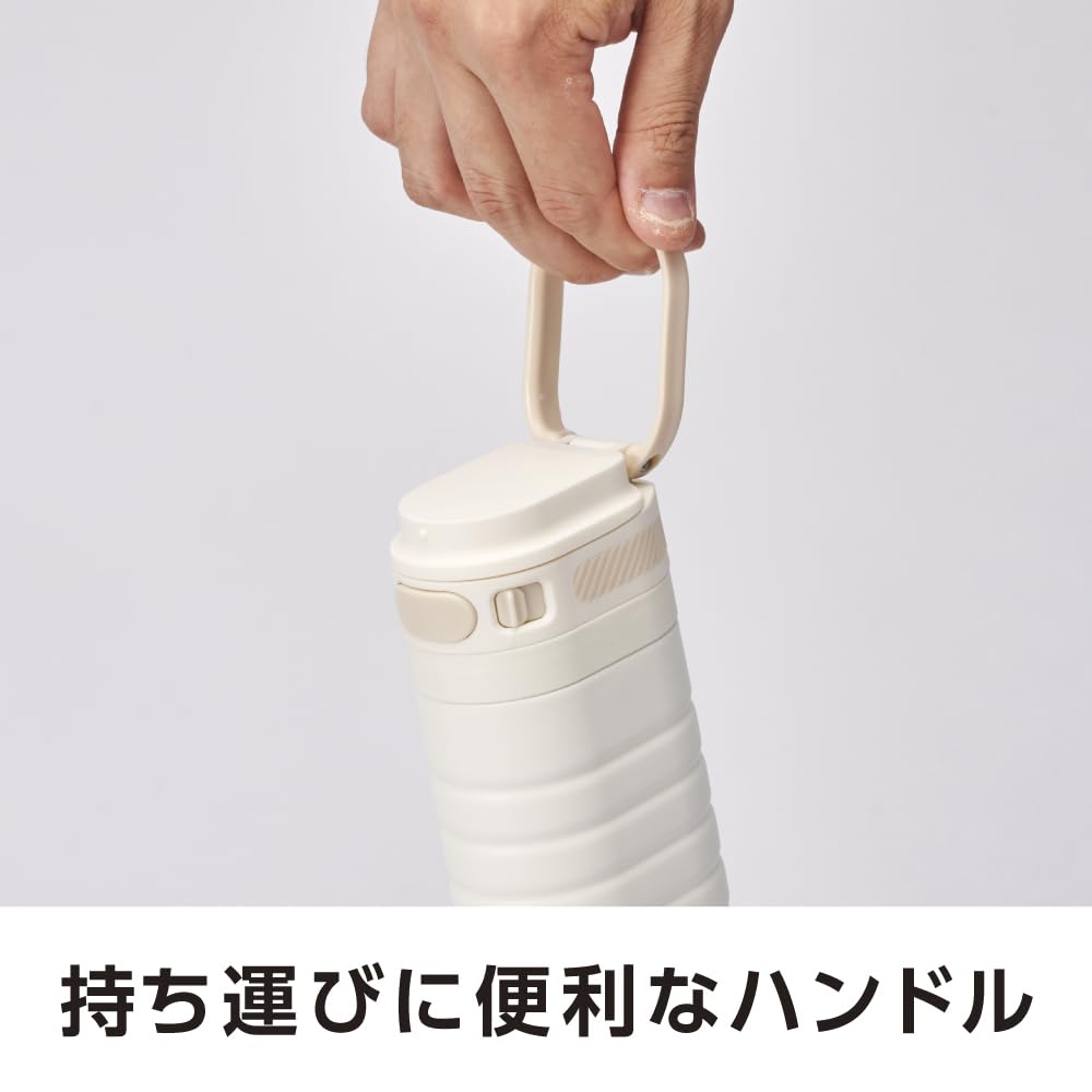 Sutto One-Touch Water Bottle, 380ml, Slim, Double-Layer Vacuum-Covered, HotCold Insulation, with Locking Function, Stainless Steel Bottle, Ivory, by