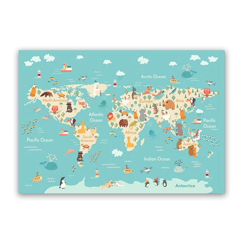 Poster de artă de perete pentru creșă, hartă a lumii animale, pictură pe pânză de desene animate pentru dormitor pentru copii, imagini scandinave, decor pentru cameră de copii