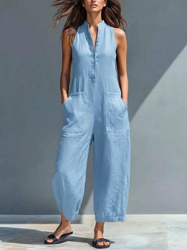 Casual Women's Sleeveless Stand-Collar Pocket Jumpsuit