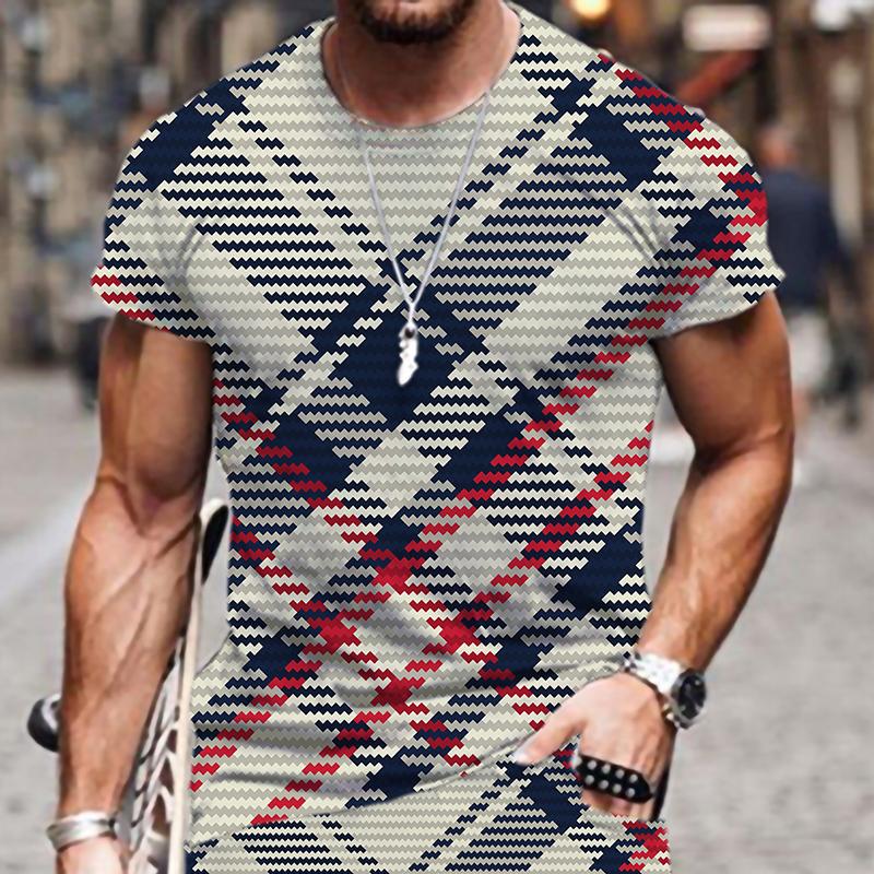 Fashion Hot Men's T-shirts Plaid Stripe Pattern Summer Tracksuit Oversized T-shirt Sportswear Luxury 3D Printed O Neck Funny