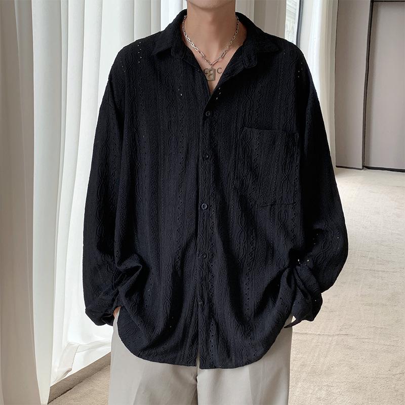 

Personalized Shirts men Handsome Lapel Men Blouse Vacation Hollow Out Sexy Fashion Men Clothing Male Mesh Long sleeve Shirts XXXL чорний