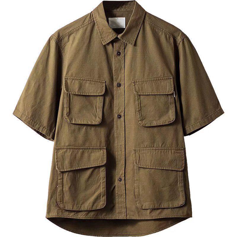 Khaki Short-Sleeve Retro Work Shirt with Multiple Pockets - Trendy Men's Summer Wear