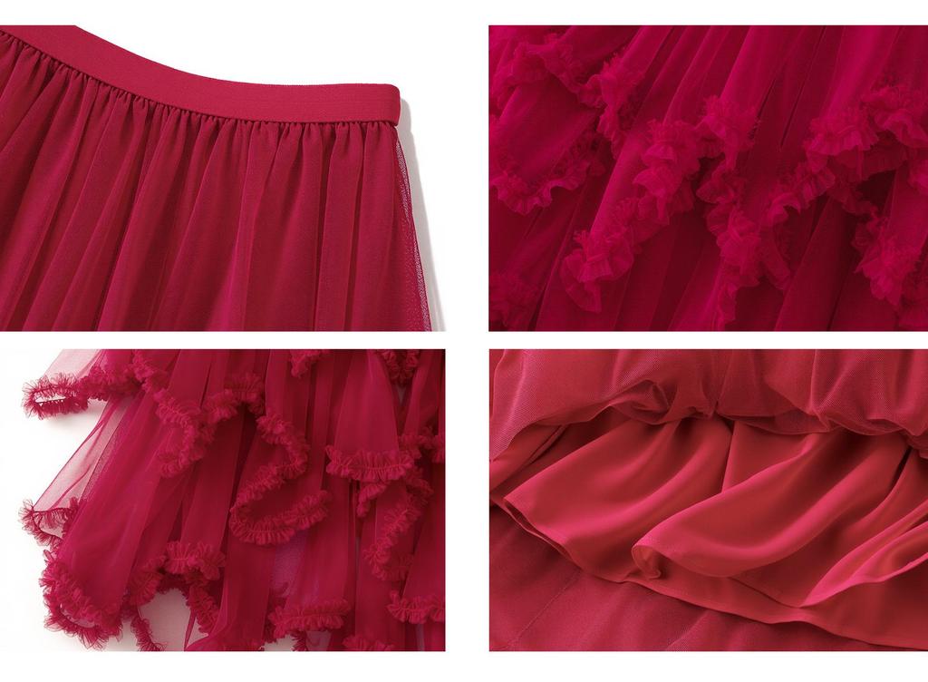 Women's Japanese Style Ruffle Mesh Midi Skirt - Fluffy Fairy Gauze with Wide Hem