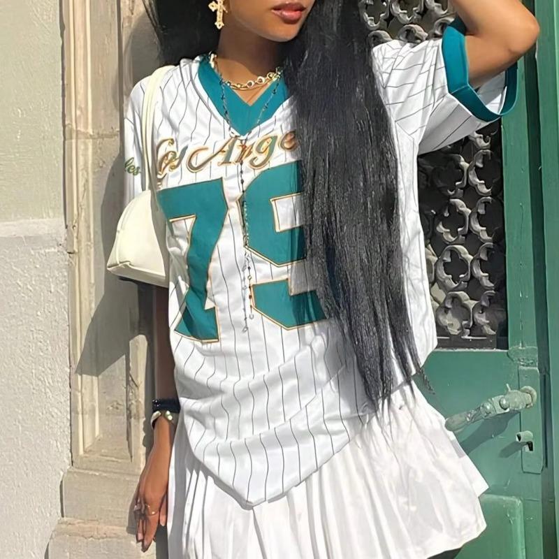 

Women Los AngelesLetter Print V-Neck Short Sleeve T-Shirt Summer Graphic Tee Baseball Jerseys Oversized Sport T-Shirt XL