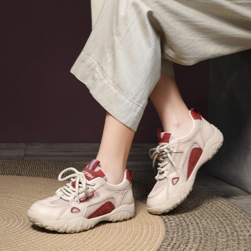 Johnature Zapatos casuales deportivos para mujer Malla transpirable con empalme de cuero genuino con cordones Zapatillas cómodas