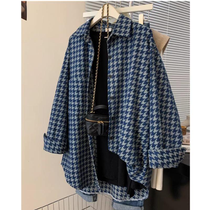2026 Spring Women s Plus Size Houndstooth Polo Collar Denim Shirt Jacket with Long Sleeves XXL
