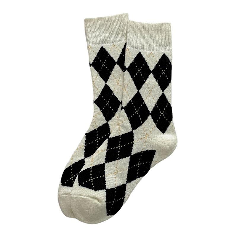 Diamond-patterned Warm Mid-calf Women's Socks for Autumn and Winter, Trendy College Style Checkerboard Socks, Casual and Versatile