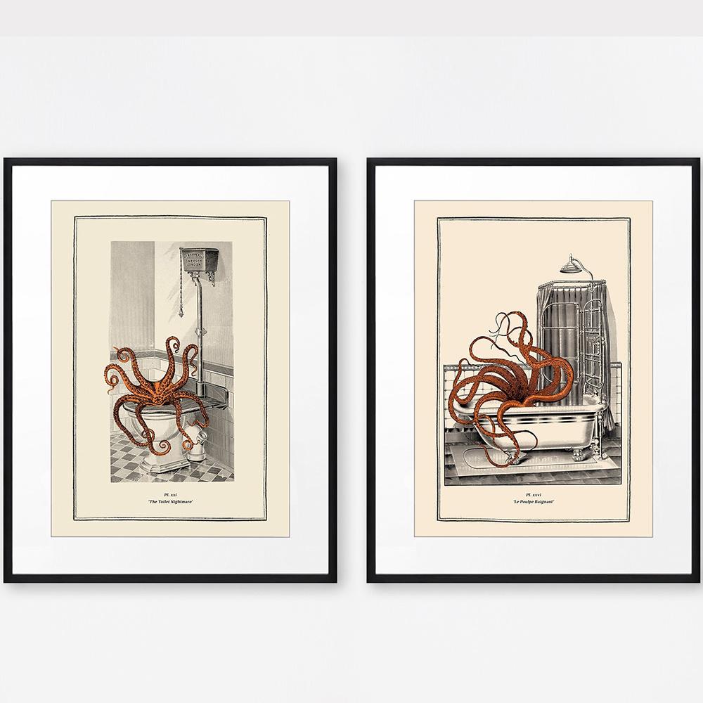 Vintage Octopus Print Funny Toilet Wall Art Cloakroom Poster Retro Gothic Steampunk Bathroom Wall Pictures Canvas Painting Decor