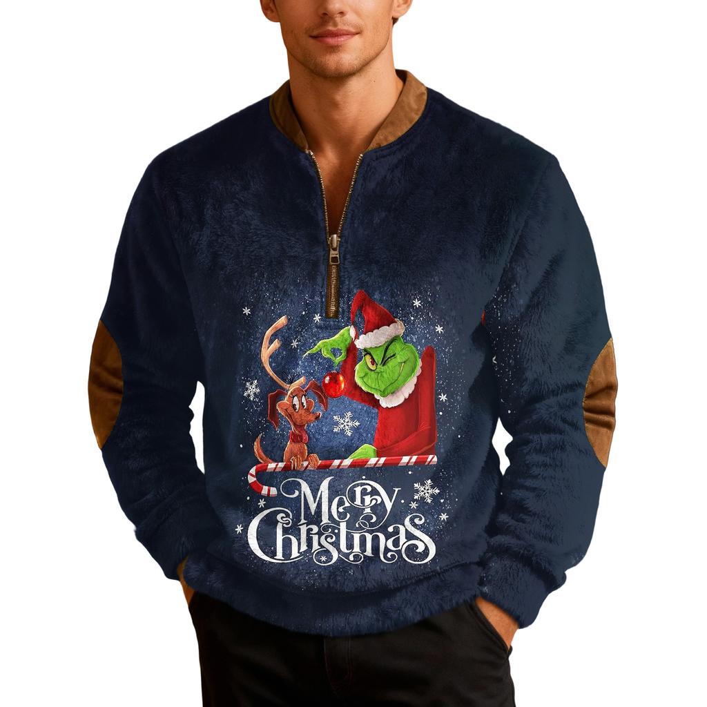 Mens Christmas Zip Up Sweatshirts Xmas Stand Collar Pullover Tops