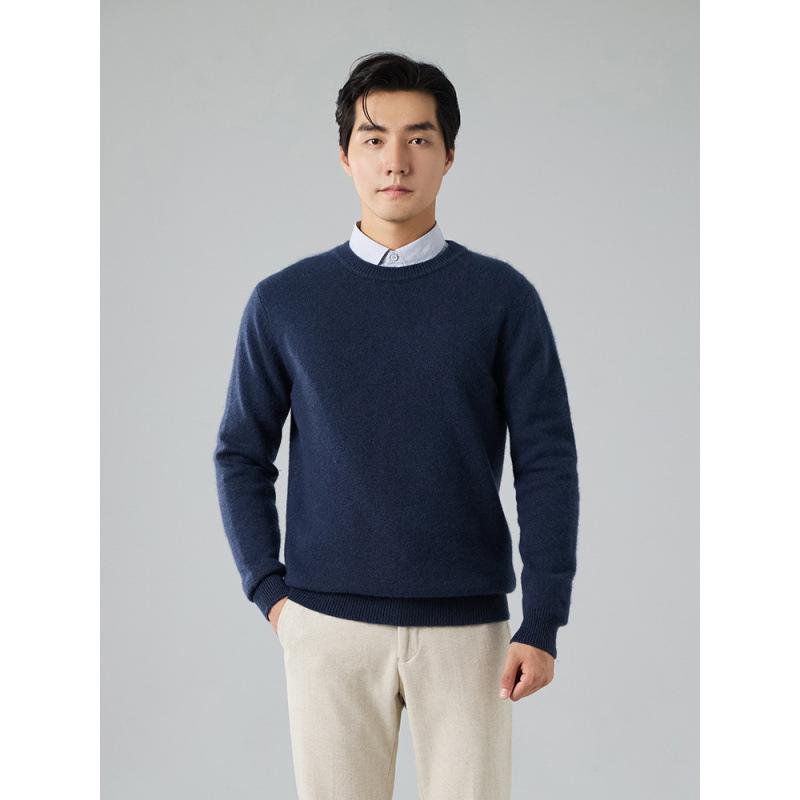 Men's Winter 2025 Cashmere Round Neck Sweater - Thick, Long Sleeve, Business Casual, Solid Color Knit Base Layer