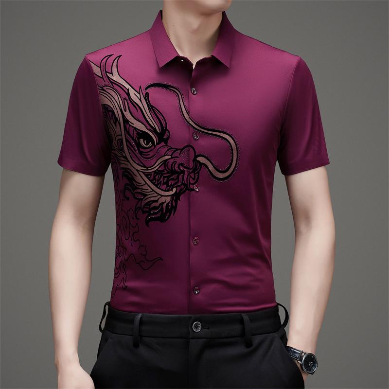 

Мужская летняя повседневная рубашка с коротким рукавом и узором дракона, не мнущаяся L фиолетовый