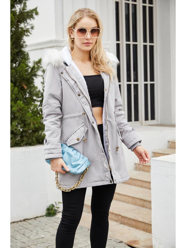 2023 Women's Detachable Fur Collar Parka: Long Sleeve Hooded Cotton Coat with Fleece Lining for Autumn/Winter