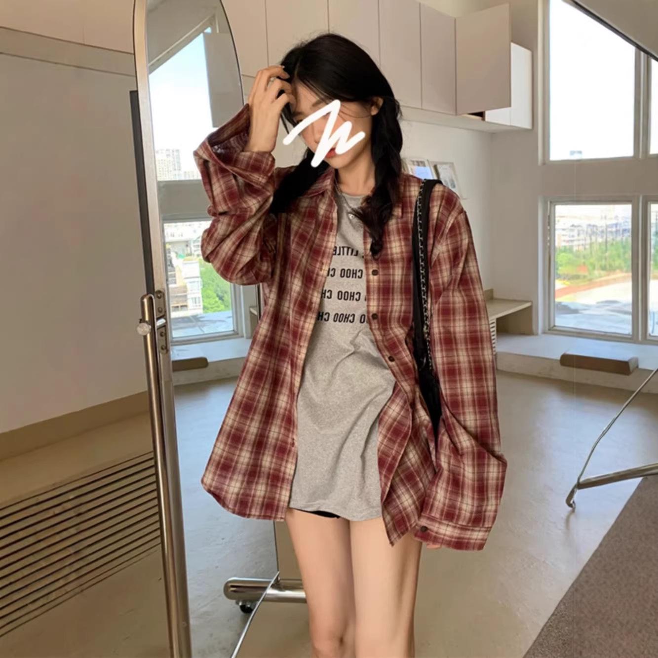 Women s Red Plaid Loose-Fit Long Sleeve Shirt - Korean Style Casual Sun Protection for Spring/Summer S