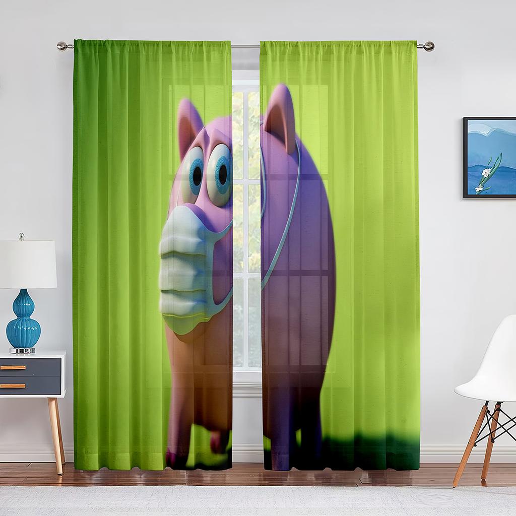 Funny Cartoon Singing Pig Wine Barrel Sheer Voile Curtains for Living Room Bedroom Tulle Curtains Kitchen Window Home Decoration