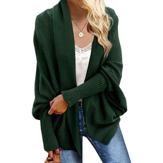 Women Cardigan Coat Collarless Batwing Long Sleeve Open Front Knitting Coat Elastic Cuffs Solid Color Loose Fit Knitted Cardigan