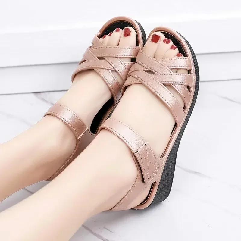Women's Summer New Soft Sole Non Slip Comfortable Casual Shoes with Sloping Heel and Thick Sole Velcro Breathable Sandals