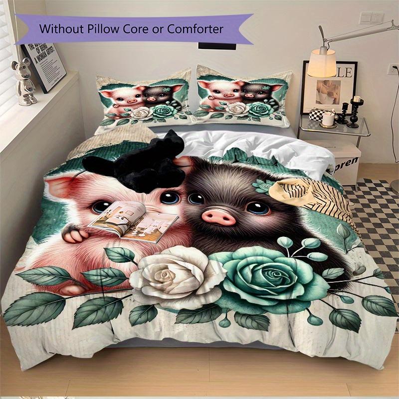 3pcs Piglet Roses Bedding Set Soft Polyester Down Comforter Cover and Pillowcases, Suitable for All Seasons, Practical gifts for the home 0729098
