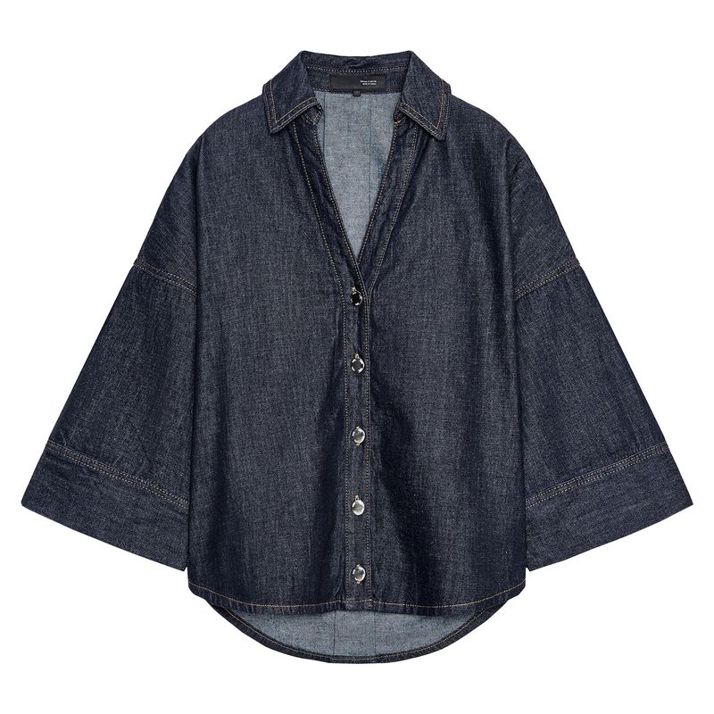 

Zaprha 2025 Summer New Women clothes Fashion Popular Lapel V-neck Wide Sleeve Demin shirt 7484152 Blue L