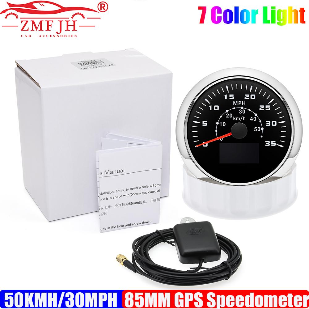 ZMFJH 0-50KMH, 0-30MPH 85MM GPS Tacho mit Antenne 7 Farbige Beleuchtung Geschwindigkeitsmesser Kilometerzähler Laufleistung COG TRIP Auto Auto Boot