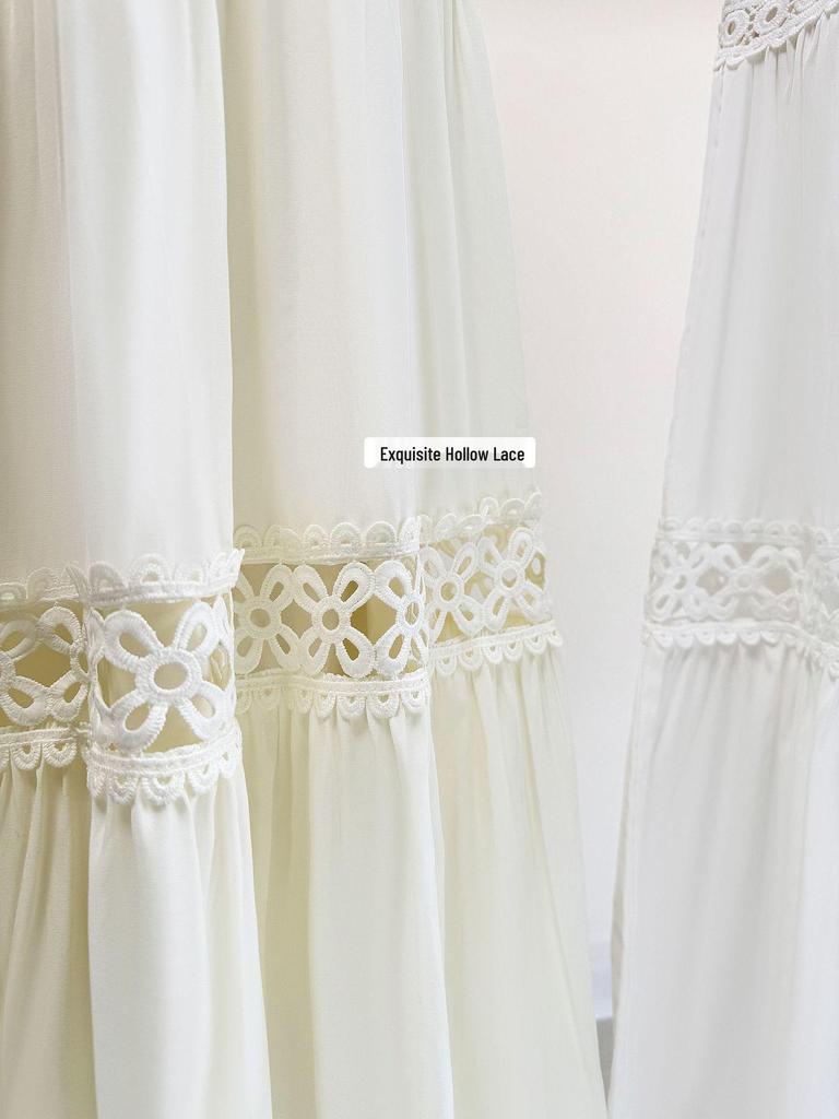 Elegant Hollow Lace Patchwork Midi Skirt for Women - 2026 Spring/Summer A-Line Socialite Princess Style