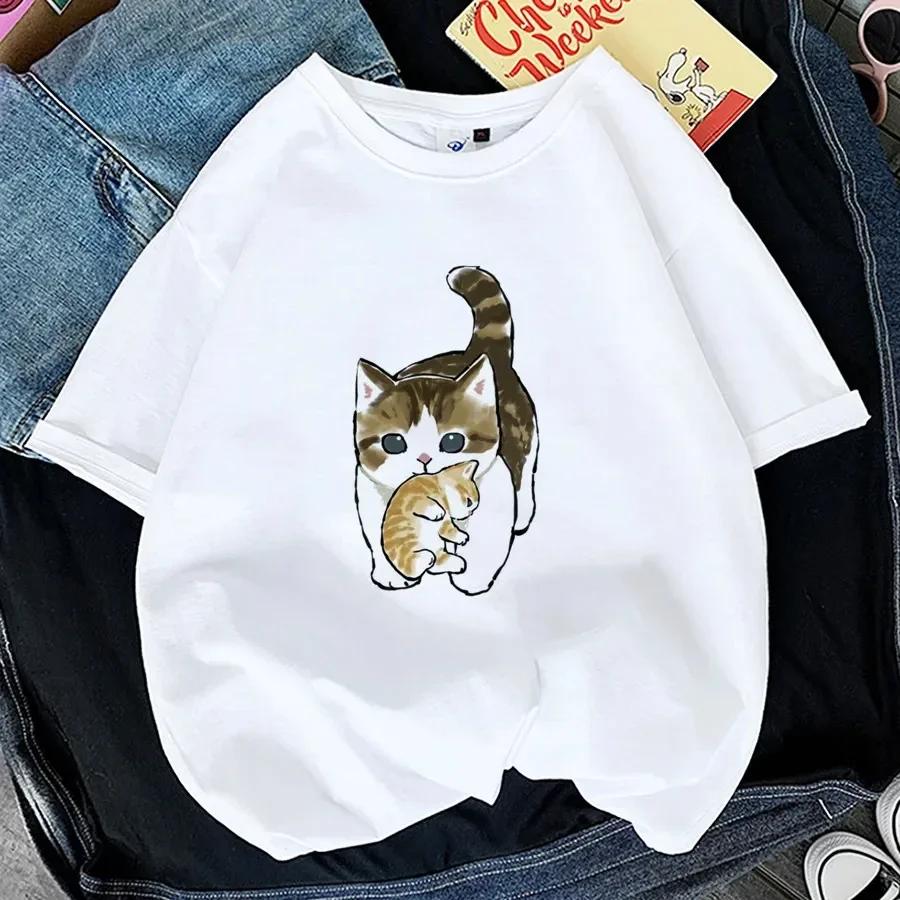 Kawaii Cat WoPrint T-shirt Girl Animal Y2K Fashion 90S Harajuku Print Tops Tee Gril Black White Summer Clothes Tshirts