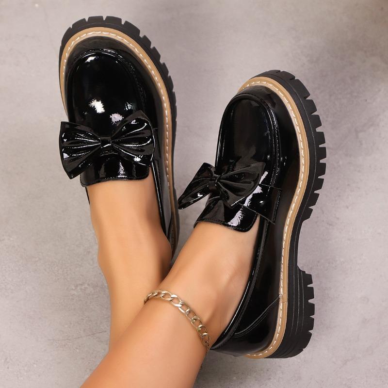 Fashion British Style Women's Flats Butterfly Knot Thick Bottom Slip-On Loafers Round Toe Casual Shoes Solid Color Women's Loafers