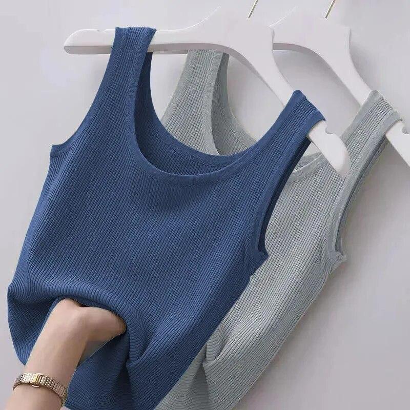 Sommer Ensfarget Tettsittende Casual Camisole Dame Pluss Størrelse Slank Yttertøy Elegant Vest Kvinne Enkel Underdel Uten Ermer Tynn Stil Chic Ny
