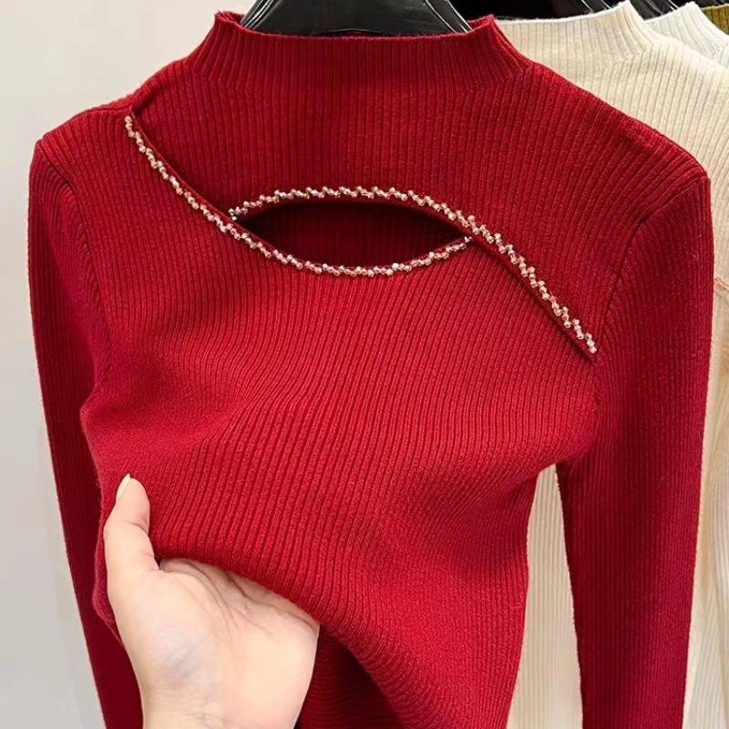 Autumn Half High Collar Hollow Out Pullovers Sweaters Women Slim Fit Winter Clothes Fashion Bottoming Sweater Tops Women Elegant Warm Knitwear 28874