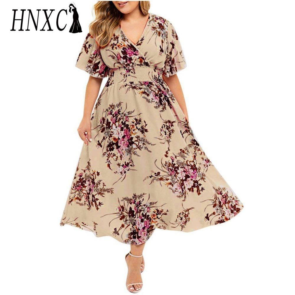 HNXC Plus Size Fashion Women Casual Floral Print V Neck Short Dress