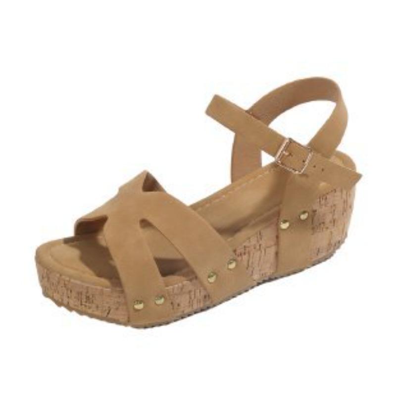 Large size rivet high heel sandals women's flat bottom wedge heel round head thick sole one-button sandals women