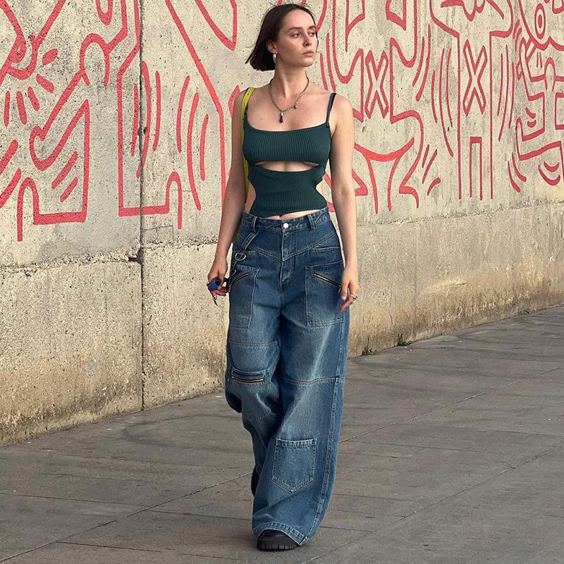 Autumn High Waist Button Up Straight Pants Retro Baggy 90s Denim Cargo Pants Fashion Vintage Harajuku Streetwear Jeans Women