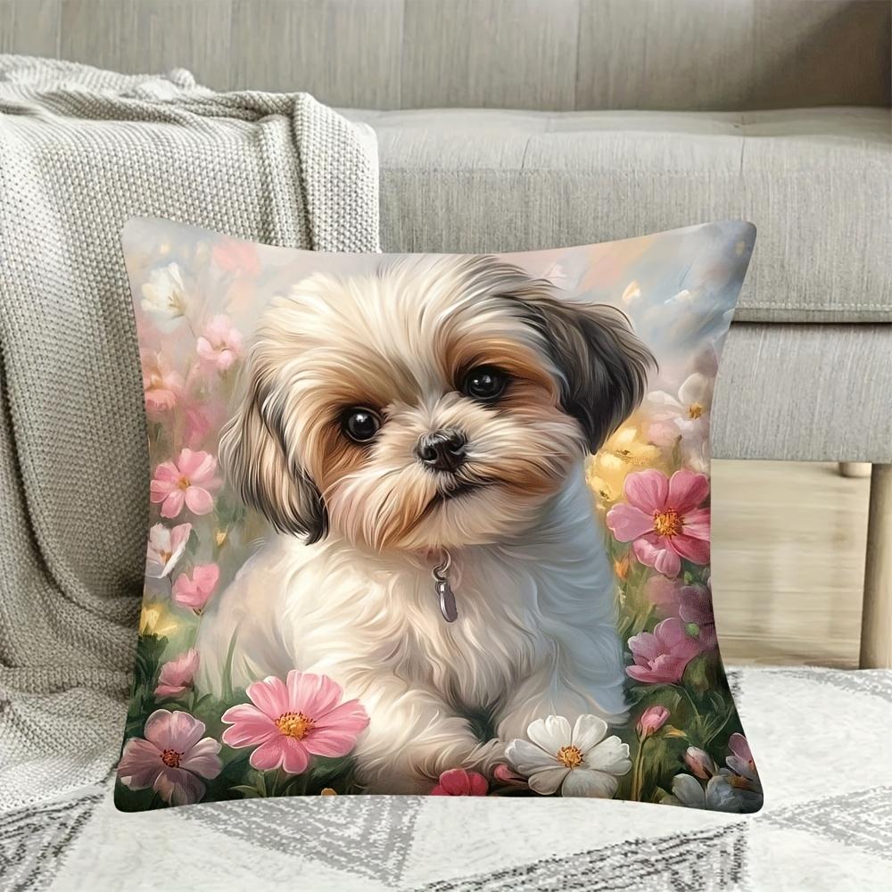 1Pc Shih Tzu Dog In Flowers Cute Printed Throw Pillow Cover,Suitable For Sofa, Bedroom, Living Room,Healing Gift For Dog Lovers.