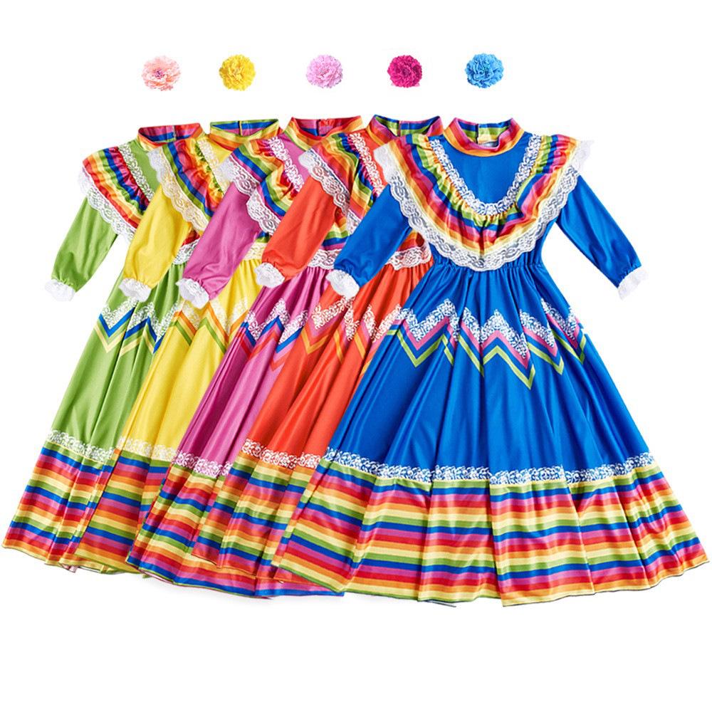 Abito Lungo Danza Folkloristica Messicana - Nuovo Costume di Halloween per Spettacolo Scolastico