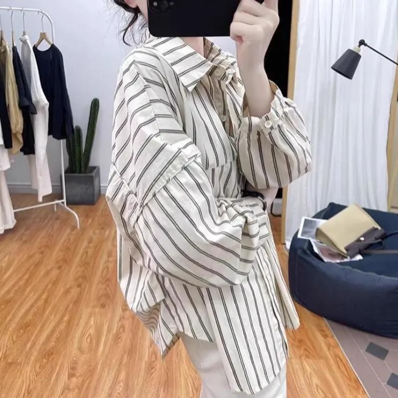 Women's White Blue Striped Turn-Down Collar Long Sleeve Loose Fit Casual Blouse