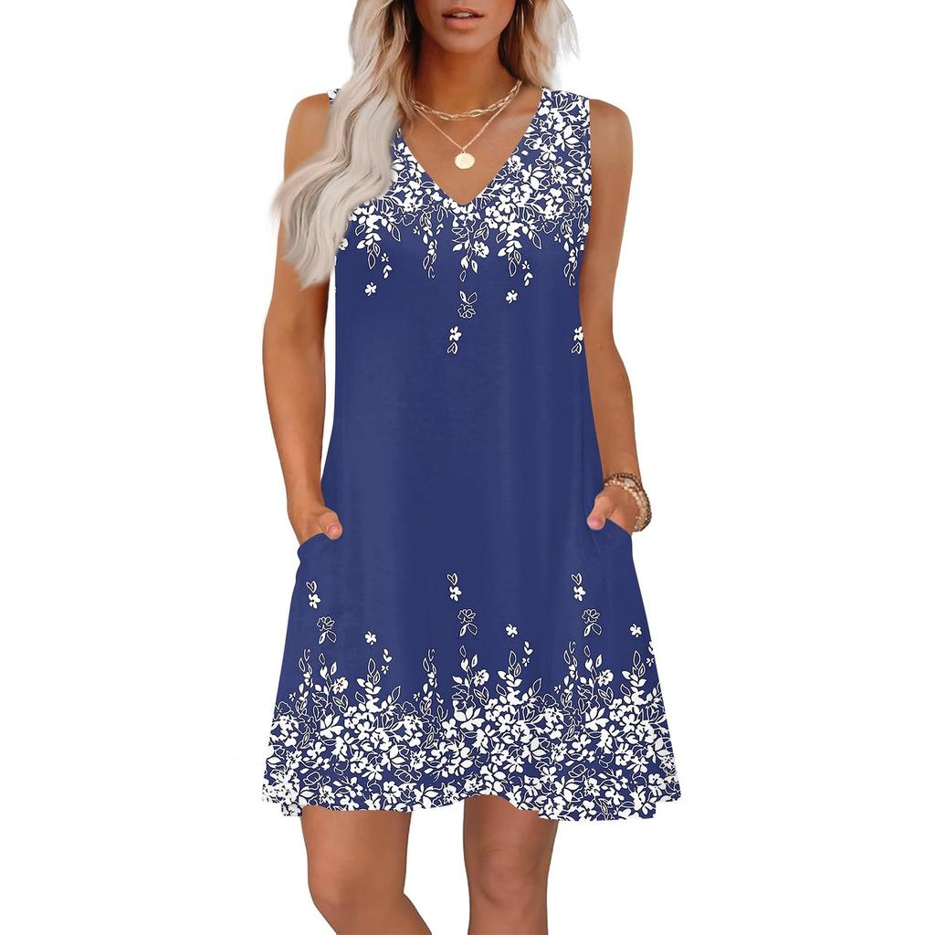 Women's Summer Dresses Loose Fit Printed V Neck Sleeveless Sundresses Beach Hawaiian Dress With Pockets