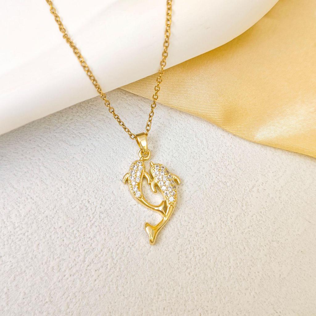 Korean Style Luxury Diamond Dolphin Necklace Women's Elegant Design Non-Fading Clavicle Chain