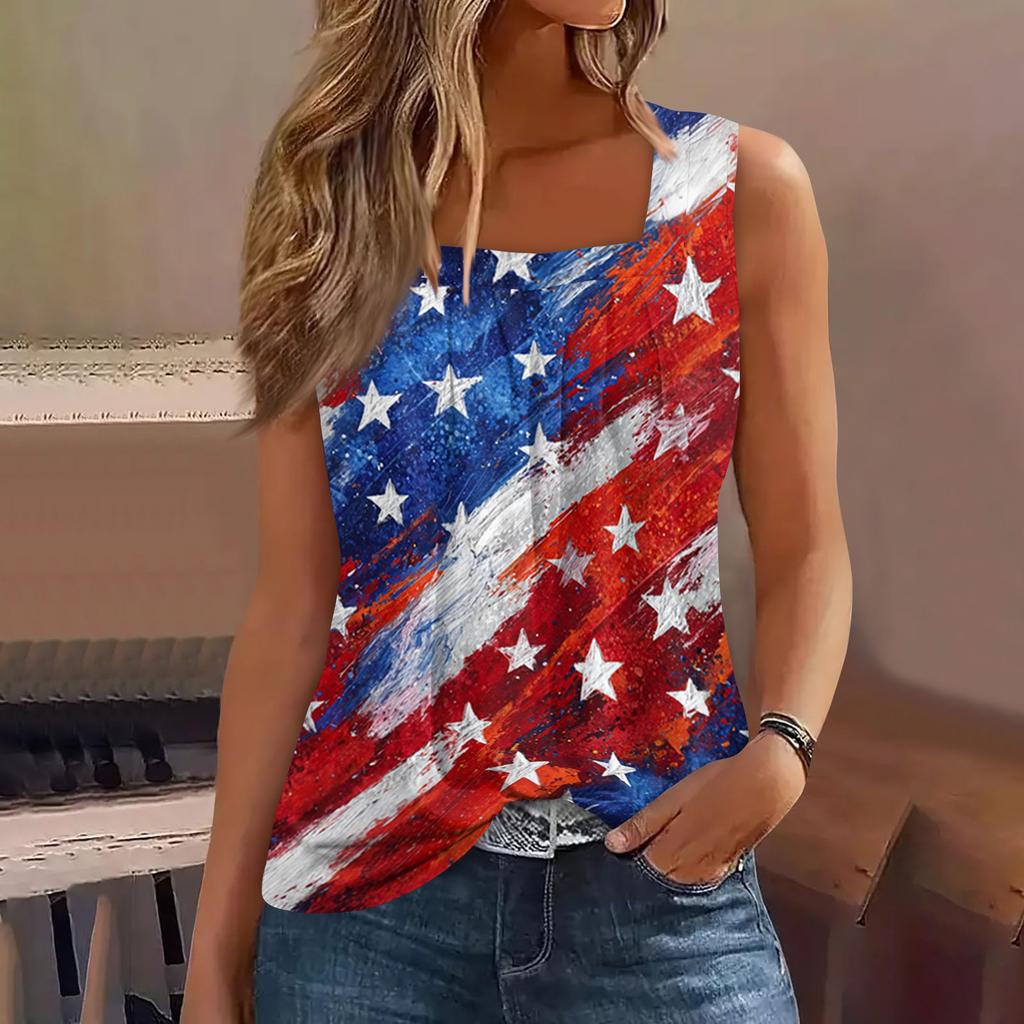 Square Collar Tank Top Women Print Tank Tee Casual Loose Fit Sleeveless Shirt