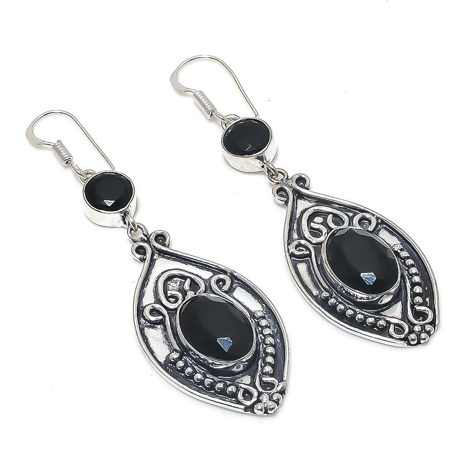 Natural Black Spinel Gemstone Handmade 925 Sterling Silver Earring 2.76" W9S25