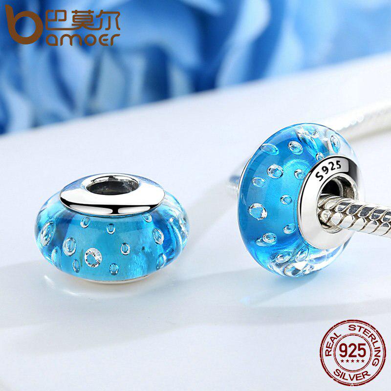 Bamoer 925 Sterling Silver Blue Effervescence, Clear CZ Murano Glass Beads Fit Bracelet Authentic