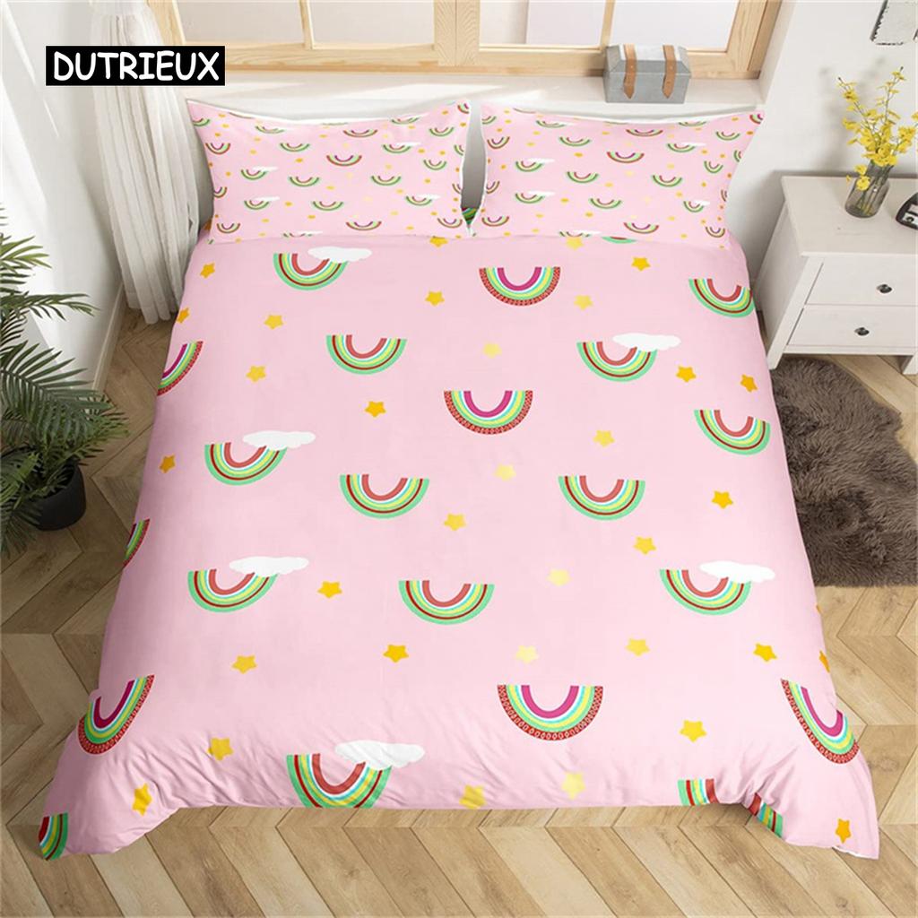 Cute Rainbow Duvet Cover Set Single for Microfiber Cartoon Bedding Set Sun Moon Star Comforter Cover Teens Girls Room Decor