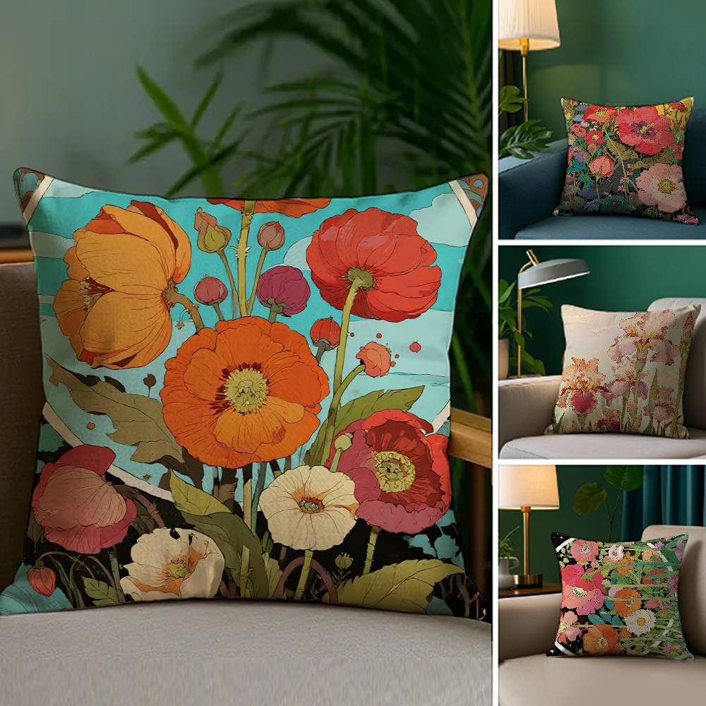 Painted Flowers Pillow Case Sofa and Living Room Decorative Cushion Covers Dust-proof and Mite-proof Invisible Zipper