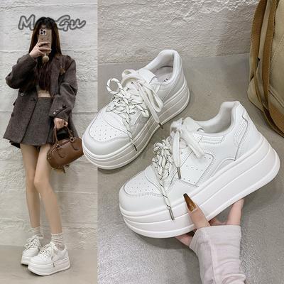 White Platform Chunky Sole Sneakers Casual Daily Wear Footwear Breathable Lace-Up Shoes Fashion Height Increasing Zapatos Mujer