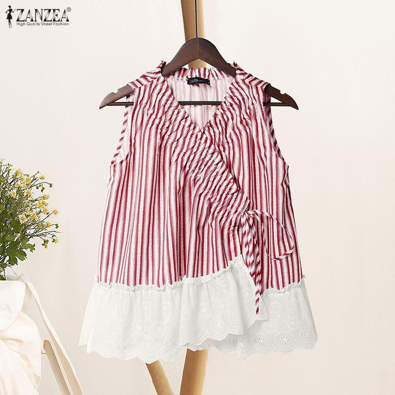 ZANZEA Women V Neck Sleeveless Pleated Striped Lace Hem Casual Tank Tops