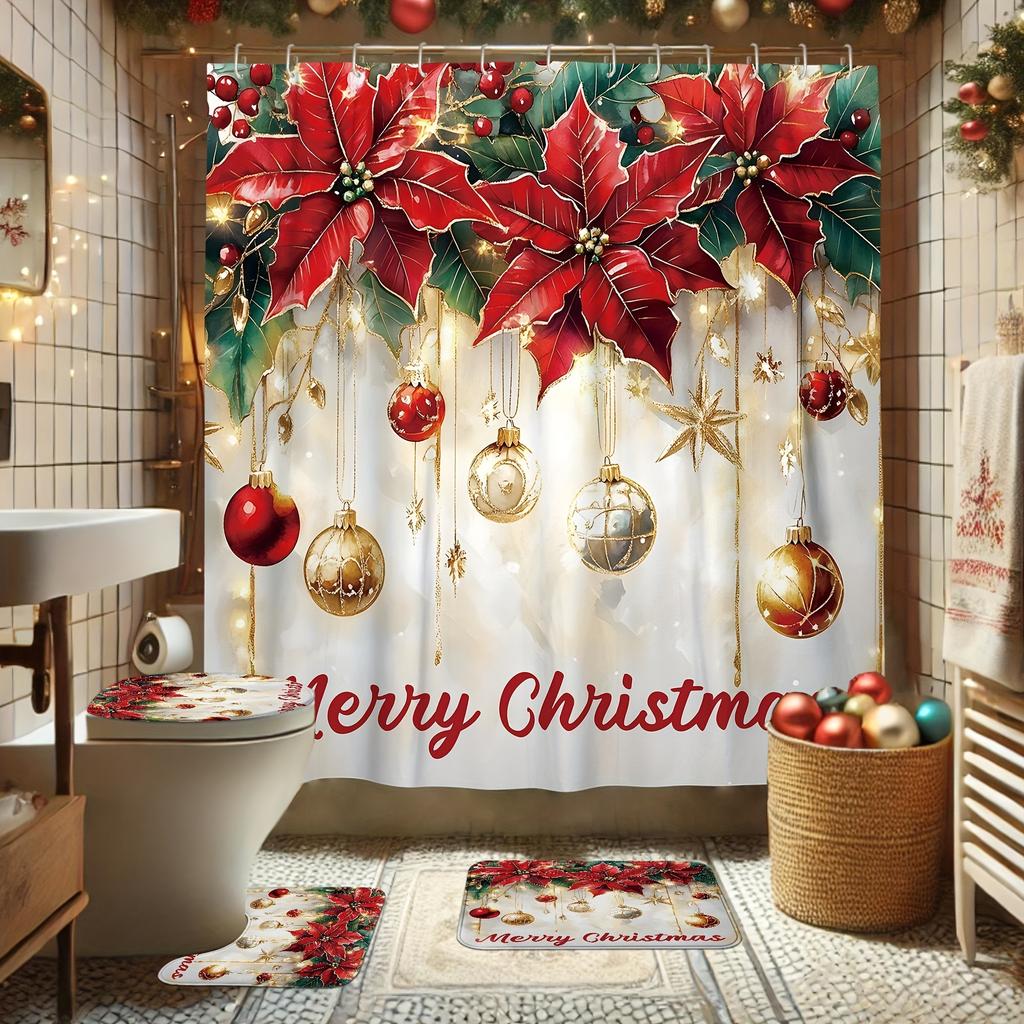4 szt. Wesołych Świąt Zimowe Dekoracje Zestaw Zasłony Prysznicowej Kula Poinsecja Czerwony Złoty Zasłona Prysznicowa Zmywalna Na Święta Bożego Narodzenia